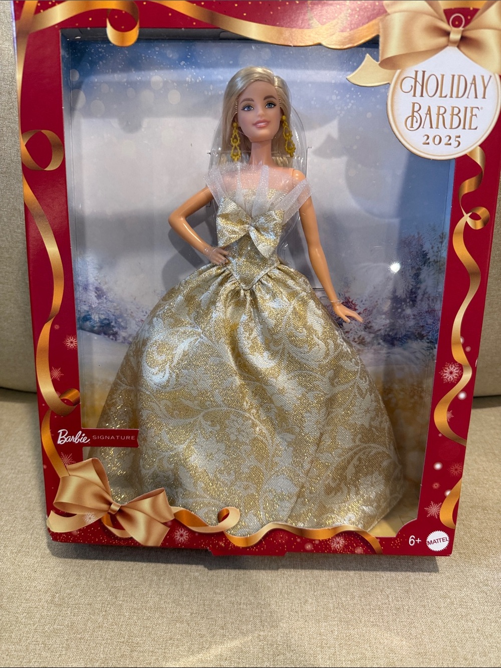 NWT Holiday 2025 Barbie Gold and White Holiday Ball Gown Blonde Barbie